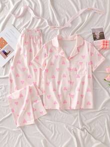 Girls Butterfly Decor Collar Cardigan Short Sleeve Top & Pants 2 Pieces Casual Pajama Set Heart Print Pajamas - Pink - View 3
