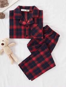 2 piezas Conjunto de camisa a cuadros clásica y pantalones para niño pequeño, ropa de estar en casa informal