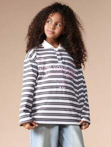 SUMWON Girls Striped Long Sleeve Polo Shirt With NYC Text Print White Collar Button Front Top Casual Vacation - Blue - View 1
