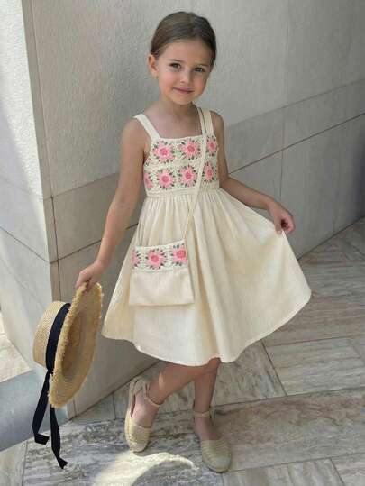 Elladie kids 1pc Girls Summer New Korean Style Apricot Wavy Fabric Spaghetti Strap A-Line Knitted Flower Decor Dress + Minimalist Crossbody Bag, Cute Sweet Princess Vacation Dress Set