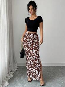 Rafferiza Women's Elegant Floral Print Bodycon Slit Mesh Midi Skirt