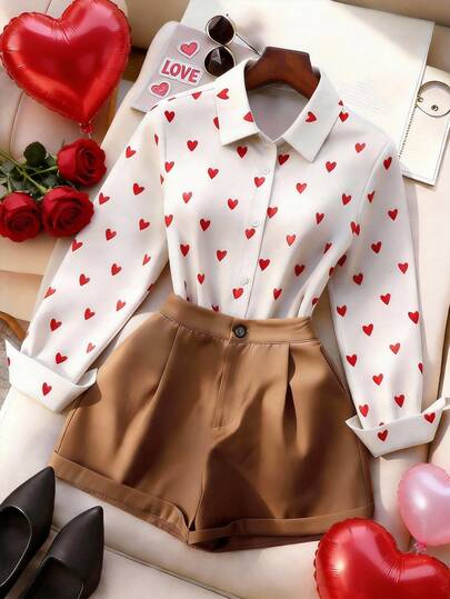 Resyla 女士休闲情人节约会套装，白色长袖红色爱心印花衬衫搭配棕色高腰束口短裤两件套，适合通勤、日常、约会、外出、周末休闲、咖啡馆等各种场合，春季穿着也十分百搭。