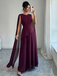 Elenzga Đầm nữ thanh lịch kiểu Trung Đông cổ điển, phối nhiều mảnh vải, dáng chữ A, thắt eo chéo, tay loe và viền voan, thích hợp cho mùa xuân, hè và thu. - Màu Tím - Xem 8