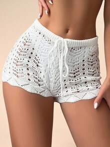 Swim Lushoire Women's Solid Color Drawstring Waist Hollow Out Cover-Up Shorts For Vacation - White - View 7