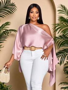 SOLERSUN 大码女装秋冬时尚通勤约会优雅单肩宽松粉色缎面衬衫不规则方角下摆露肩购物派对假日蝙蝠衫时尚二合一防眩光披肩元素亮片衬衫毕业衬衫女式秋冬服装手帕下摆 - 藕粉色 - 查看 7