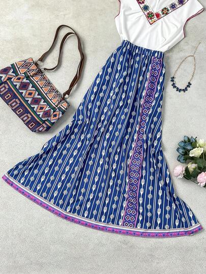 EMERY ROSE 女士新款弹力腰印花度假半身裙，适合通勤、圣诞节、新年、街头风、法式浪漫风、休闲风、中东复古风、下午茶、派对、感恩节、返校季、春夏等场合。