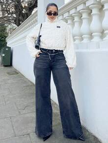 NegzBox 女式口袋宽腿宽松 V 腰牛仔裤 - 黑色 - 查看 1