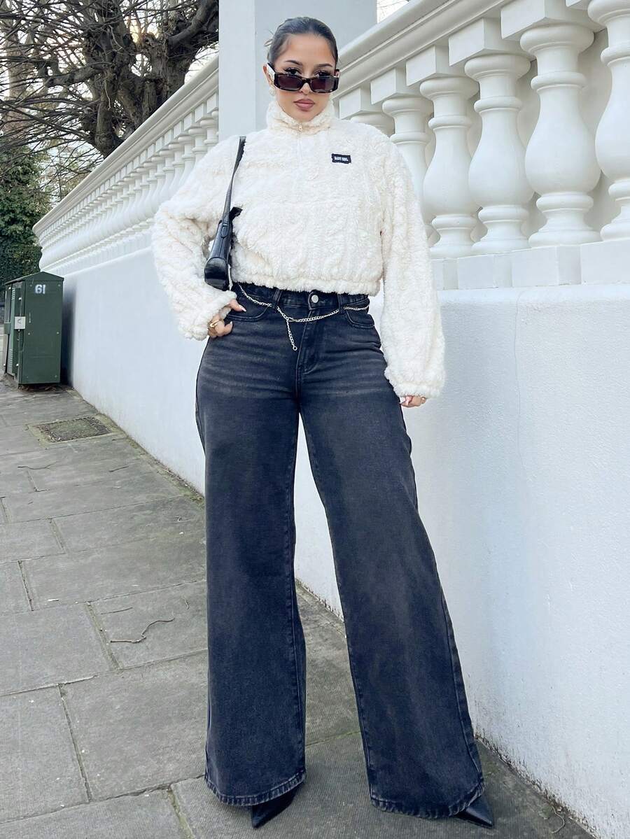 NegzBox 女式口袋宽腿宽松 V 腰牛仔裤 - 黑色 - 查看 1