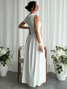 Aloruh Elegant festklänning med asymmetrisk halsringning, veckad fåll och åtsittande midja för kvinnor - Vitt - Visa 5