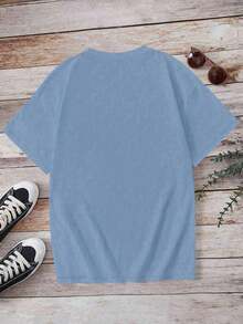 Flirla 大码女式标语和蝴蝶结印花圆领短袖休闲T恤 - 霧霾藍 - 查看 2