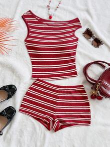 Soleia 大码女士度假两件套：红白条纹针织不对称肩部上衣和超低腰紧身短裤，适合派对、圣诞节、情人节、约会、海滩、邮轮、嘉年华、复活节、中国新年、春夏等场合。 - 紅色 - 查看 5