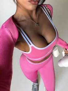 SHEIN Sovereign Charm 3Pcs Women's Fashion Elastic Contrast Trim Cropped Sports Bra And Bolero Shrug Top With Leggings Sports Set - Pink - View 4