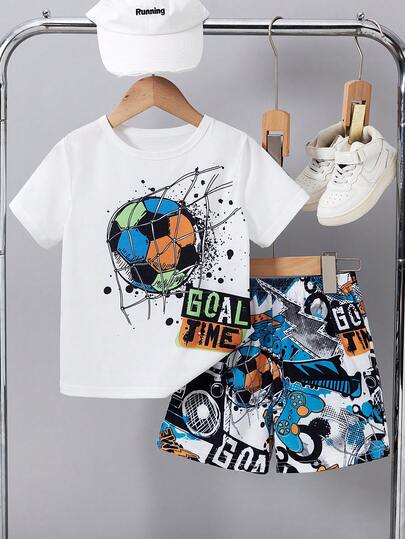 2件套幼儿男童足球印花圆领短袖T恤和印花短裤套装，休闲街头风，春夏款