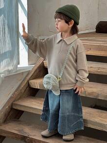 DAZY Young Boy Half Zip Casual Versatile Long Sleeve T-Shirt - Apricot - View 5