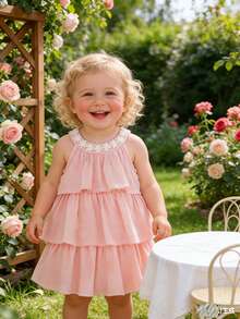 SHEIN 女婴无袖粉色连衣裙，配蝴蝶结，A字公主风，甜美百搭的圆领设计，适合日常外出，春季穿着 - 粉色 - 查看 3