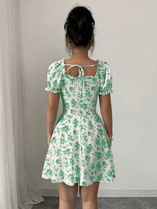 Rafferiza 女士碎花方领泡泡袖荷叶边腰带中长连衣裙 - 彩色 - 查看 6