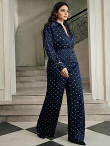 Anewsta 大码女式波点翻领单排扣长袖上衣和阔腿裤休闲通勤套装 - 寶藍色 - 查看 7