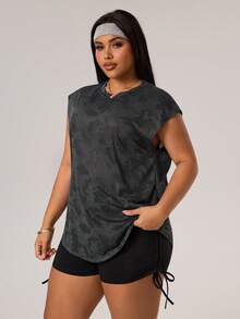 Rhythm Era Plus Size Women Camouflage Print Round Neck Casual Fitness Sports T-Shirt - Dark Grey - View 3
