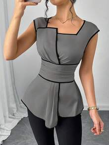 SHEIN Clasi Áo không tay phối viền tương phản dành cho nữ - Màu Xám nhạt - Xem 5