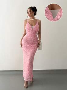 Islaluna Vestido de tirantes con abertura y aplicaciones para mujer, adecuado para el Día de San Valentín - Rosa - Ver 5