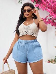 Slaydiva Quần short denim ôm sát, cạp chun, cỡ lớn, màu xanh dương - Rửa nhẹ - Xem 7