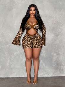 Slaydiva 2026 Spring, Summer, Autumn New V-Neck Long Sleeve Waist Cutout Splice Ruffle Collar Brown Leopard Print Bodysuit, Suitable For Halloween, Birthday Party, Daily Wear, Casual, Cruise Travel, Trending, Sexy Club, Plus Size Women