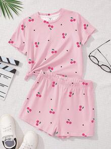2pcs Cherry Print Casual Tween Girl Short Sleeve Top And Shorts Set, Suitable For Summer, Beach, Vacation - Multicolor - View 2