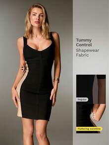 吊带修身V领双色绷带针织迷你连衣裙，适合派对穿着 - 彩色 - 查看 1