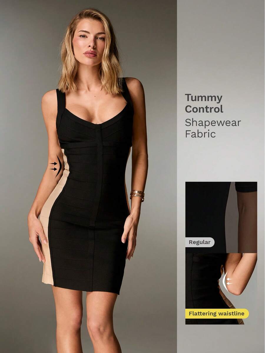 吊带修身V领双色绷带针织迷你连衣裙，适合派对穿着 - 彩色 - 查看 1