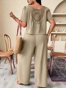 大码纯色V领插肩短袖系带宽松镂空两件套 - 杏色 - 查看 8