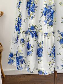 Soleia Đầm maxi cỡ lớn dành cho nữ, họa tiết hoa xanh trắng cổ điển, tay bồng, eo chun, thích hợp cho kỳ nghỉ hè, đi học, đi ăn trưa hoặc dự tiệc độc thân. - Xanh và trắng - Xem 7