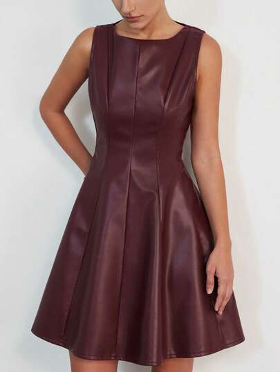 Aveloria Modichic Elegant Stylish Split Design Flared Waist Slim Fit Round Neck PU Women's Sleeveless Short Dress