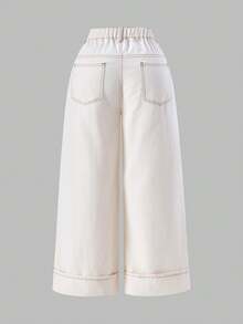SHEIN MOD Pantalones vaqueros de pierna ancha de unicolor casuales para mujer de talla grande, para verano, primavera y vacaciones de verano. Pantalones blancos clásicos de pierna ancha para mujer, cómodos y de uso diario. - Blanco - Ver 3