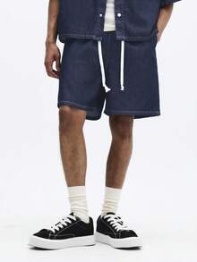 SUMWON Oversized Denim Button Down Short Sleeve Shirt And Matching Elastic Waist Shorts Co-Ord Set With Contrast Stitching - Dark Wash - View 4