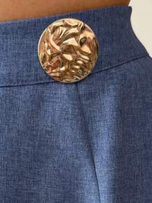 Elenzga 优雅复古风高腰喇叭裙，蓝色亚麻质感面料，金属扣装饰，舒适百搭，适合日常穿着 - 藍色 - 查看 7