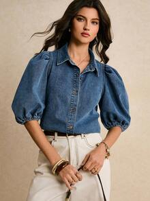 Poéselle Women's Short Puff Sleeve Single-Breasted Casual Denim Blouse - Medium Wash - View 7