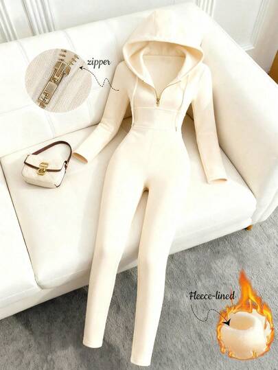 Franclia Petite Fashionable New High-Quality Long Sleeve Zip-Up Hooded Jumpsuit With Drawstring Decoration For Women