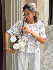 Women's Floral Print Casual Vacation Style Fitted Waist Butterfly Tie Shirt, Spring/Summer Boho - White - View 3
