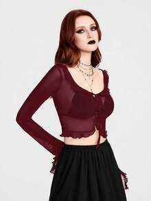 Breakform 女士哥特风性感酒红色网纱半透明荷叶边领拼接喇叭袖纽扣开衫短款上衣 - 酒紅色 - 查看 4