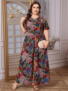 Reflora Damen Große Größen Blumenmuster V-Ausschnitt Rüschen Kurzarm Weites Bein Jumpsuit, Schwarz, Sommer, Elegant, Formal, Abend, Hochzeitsgast Bohemian Strand Outfits - Verschiedenfarbig - Übersicht 6