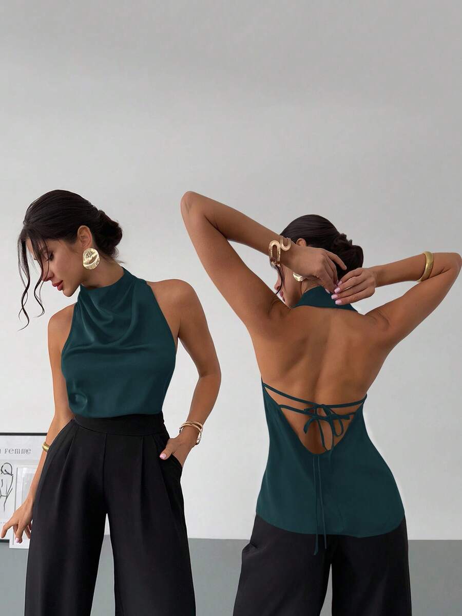 Firerie Xuân/Hè Mới Thanh lịch Thường ngày Cổ điển Hiện đại Cổ áo không đều Không tay Halter Không lưng Nơ Trang trí Áo cánh đen bó sát đi làm - Màu xanh ngọc - Xem 1