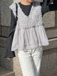 FRIFUL 女士黑色无袖拼接绒面褶皱设计宽松休闲百搭叠穿背心，秋季款 - 灰色 - 查看 3