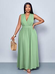 SOLERSUN 大码春夏新款纯色交叉深V领长款休闲宽松A字连衣裙，四季皆宜的简约服饰，休闲宽松长裙，日常通勤、旅行、海边度假休闲连衣裙 - 薄荷綠 - 查看 4