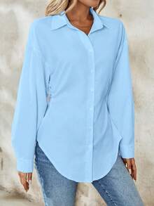 SHEIN Tall Kemeja Wanita Kasual Longgar Model Bahu Jatuh Lengan Panjang Warna Polos, Cocok untuk Perjalanan Sehari-hari di Musim Semi dan Gugur, Wanita Tinggi - Baby Blue - View 3