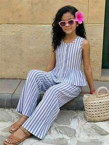 SHEIN 2pcs Tween Girls Sleeveless Shirt With Bow Button And Elongated Pants Set - Blue - View 4