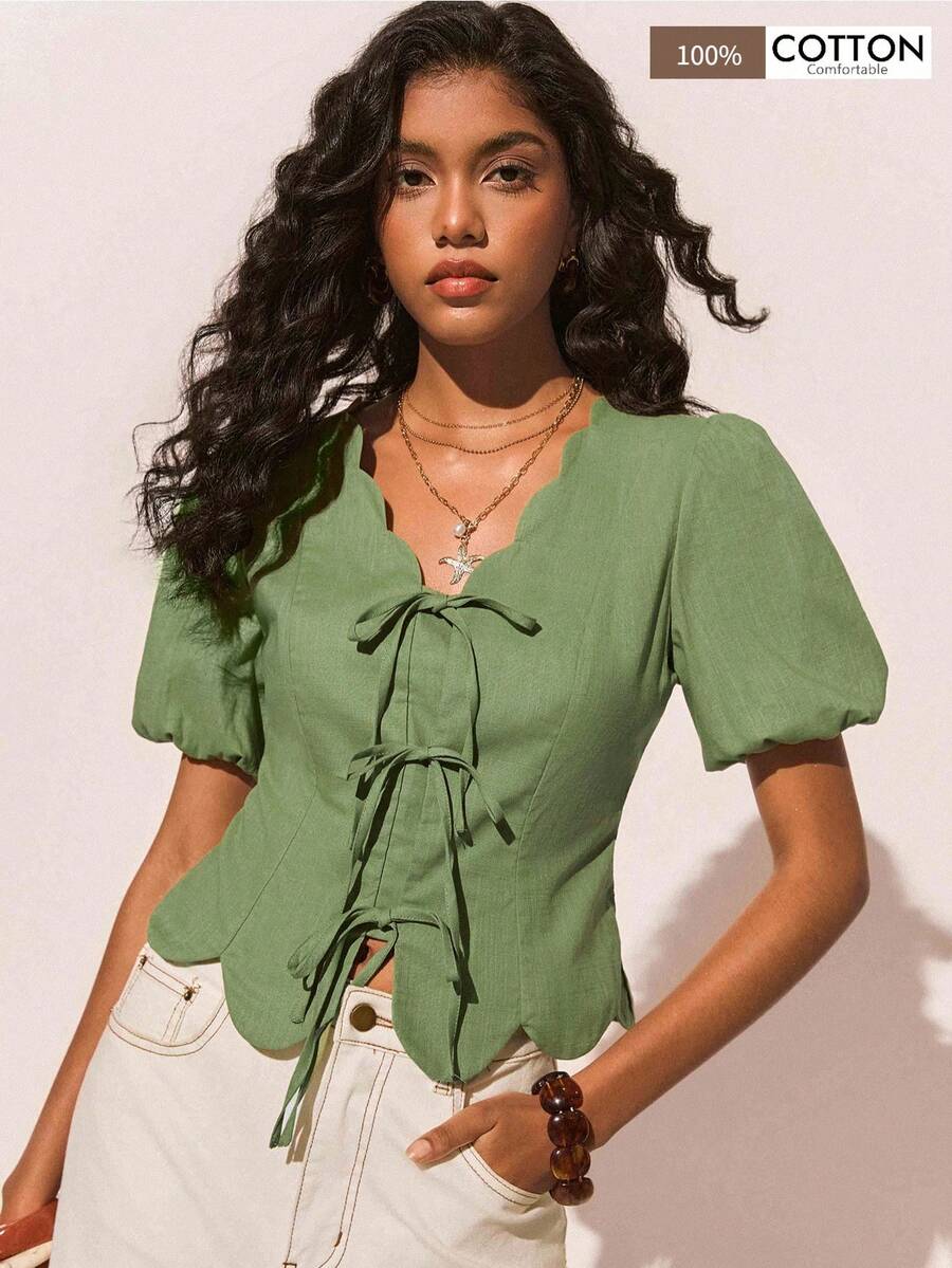 Poéselle 女士休闲绿色泡泡袖系带棉质外出上衣，优雅，适合海滩、度假，春夏绿色上衣 - 綠色 - 查看 1