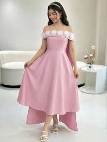 SHEIN Rochie elegantă și plină de farmec, stil prințesă, cu umeri goi, decor floral, talie înaltă, croită și evazată, pentru fete adolescente, roz - Roz - Vizualizare 5