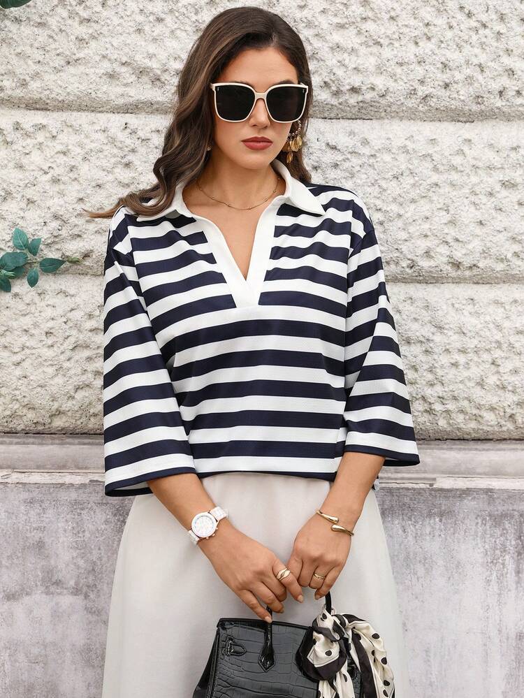 Lässiges, gestreiftes T-Shirt in Übergröße mit überschnittenen Schultern und Reverskragen, ideal für Herbst und Sommer/Urlaub, eleganter Preppy-Stil, schickes Oberteil für Damen, maritim gestreiftes Oberteil, Sommer-Ausgeh-Top, Sommer-Tops