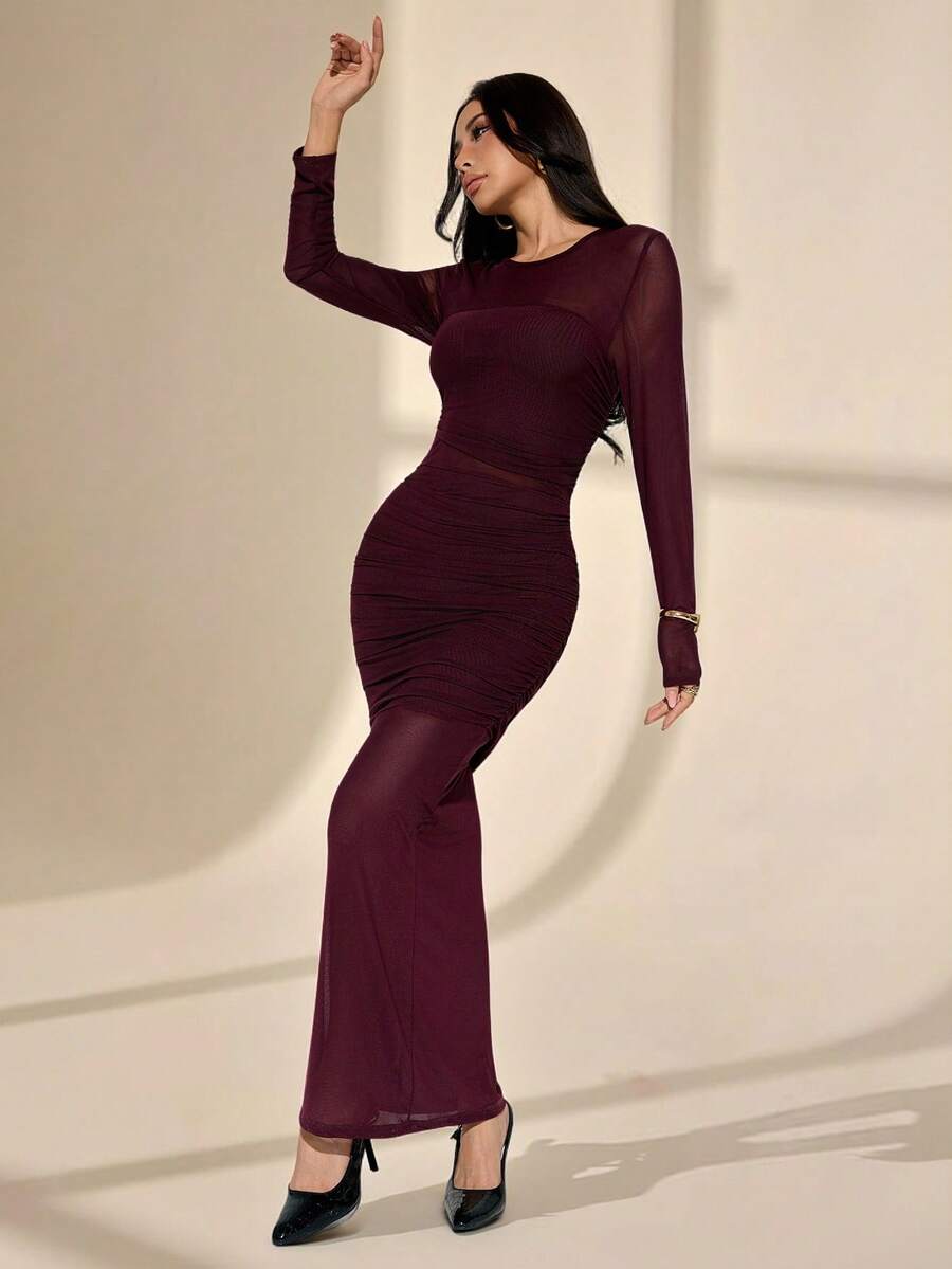 SHEIN PETITE Women's Elegant Burgundy Autumn Evening Dress,Solid Color Round Neck Long Sleeve Pleated Mesh Slim Fit Tight Long Formal Dress For Birthday Party ,Petite Women