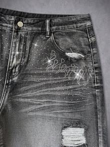 Manfinity LEGND Men's Distressed Rhinestone Embellished Pocket Loose Casual American Style Denim Shorts - Black - View 4
